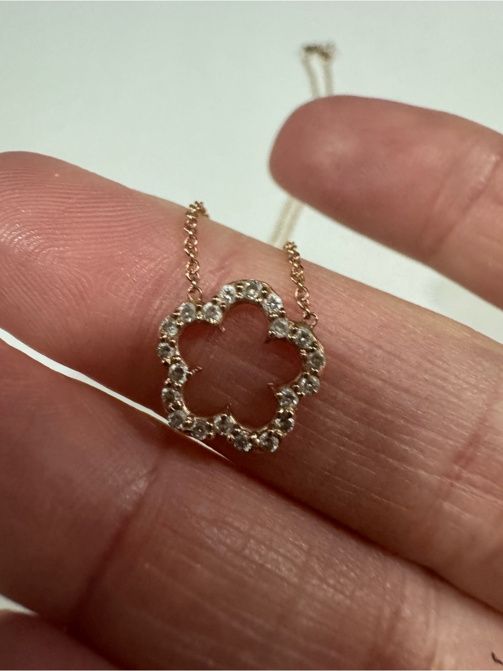 Delicate Rose Gold Clover Pendant Necklace with pave diamonds. - Picture 1 of 8